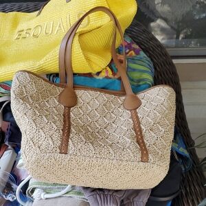 TALBOTS Leather Geo Straw Beige and Brown Tote Bag